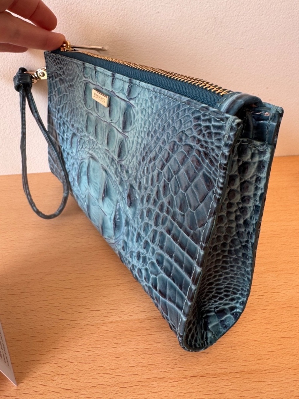 Brahmin Daisy Croc Leather Wristlet Bag Clutch Bottle Blue Ombre Melbourne New